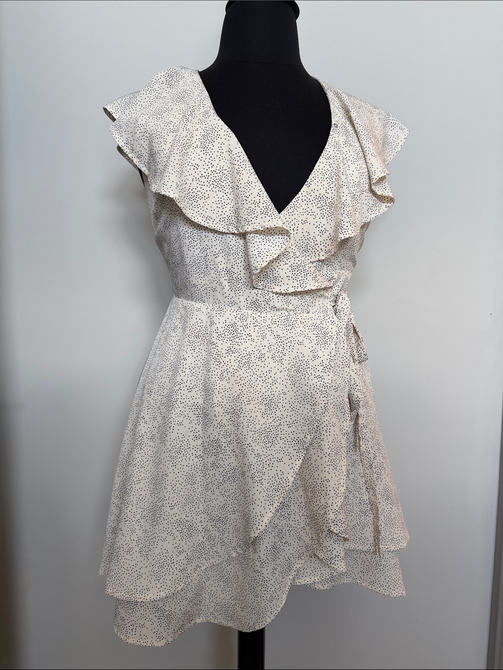 Gilli Cream Dot Ruffle Wrap Mini Dress